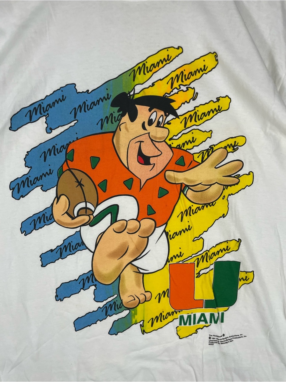 Vintage Fred Flintstone Miami Hurricanes College Football USA Made T shirt Sz L - Picture 8 of 13